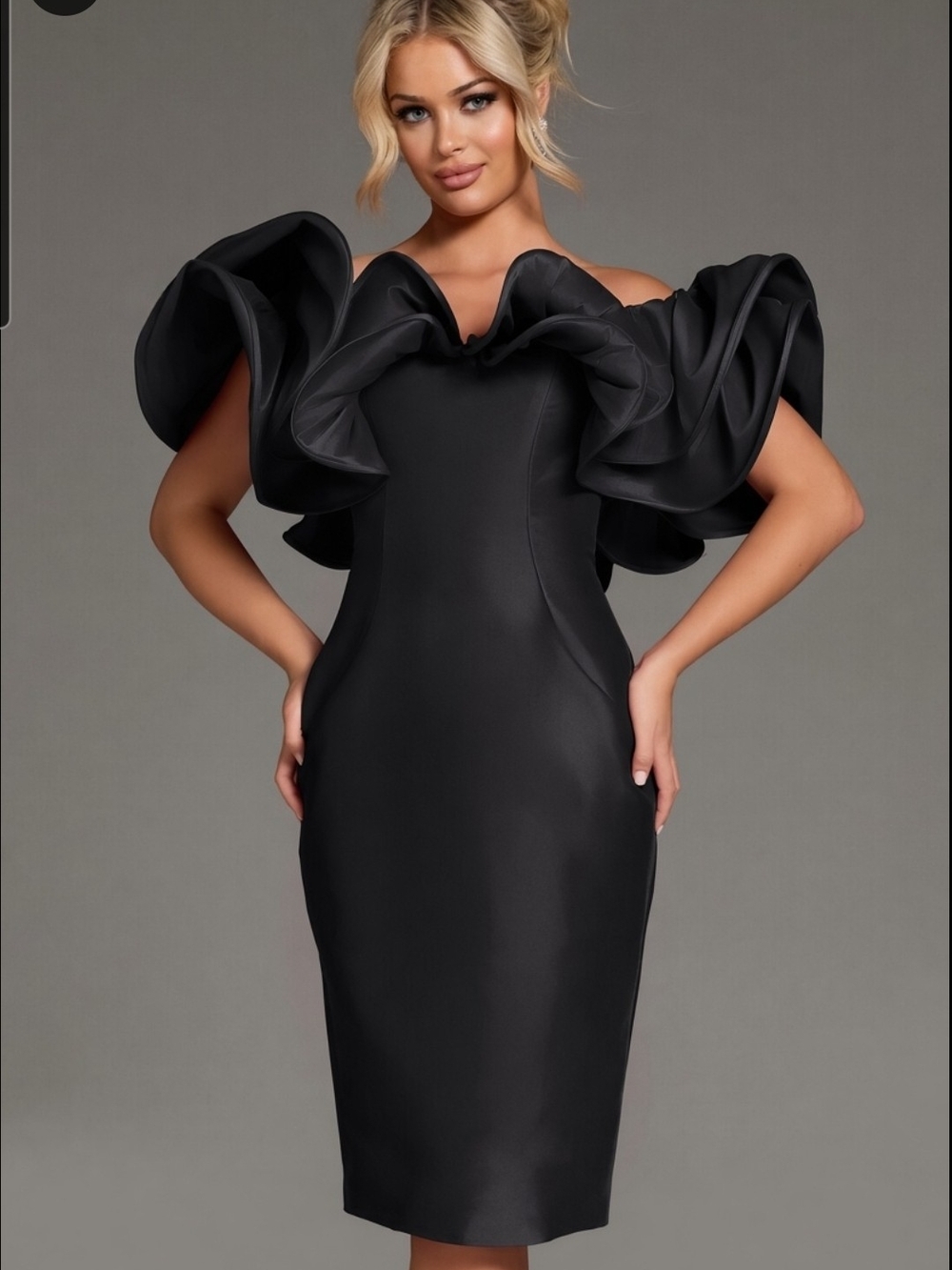 Jovani Black One-Shoulder Ruffle Sheath Dress